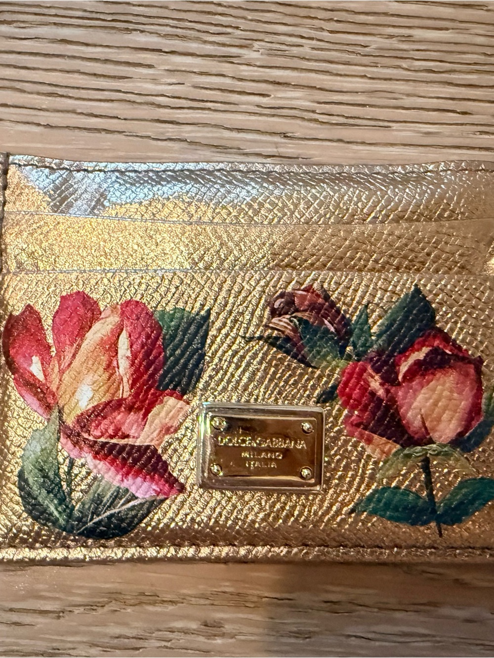 Dolce & Gabbana Gold Floral Leather Card Case with Branded Plaque